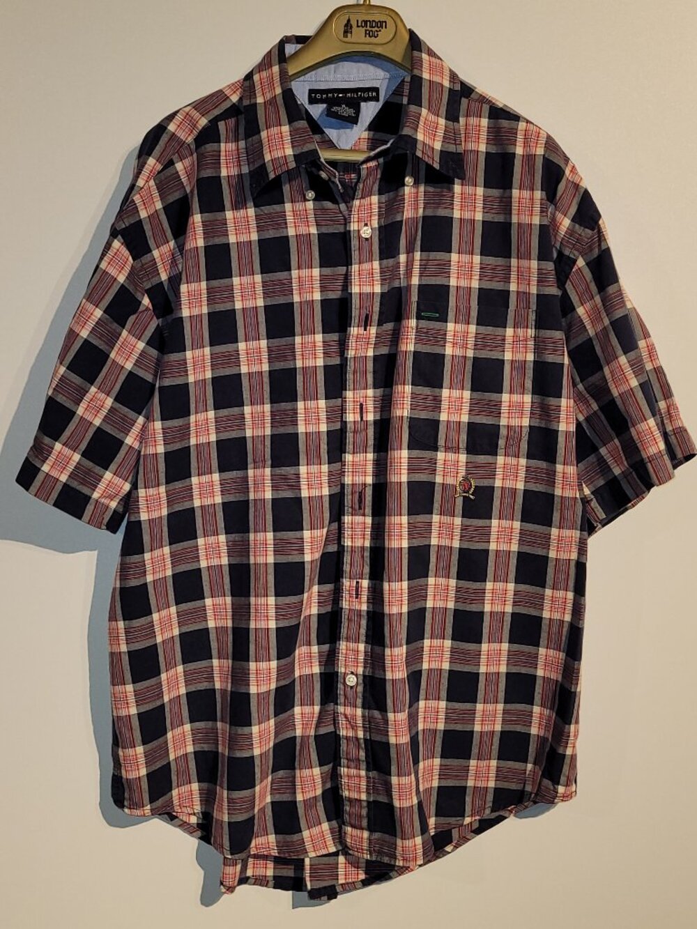 Vintage 90s Tommy Hilfiger Men's Embroidered Crest Plaid Short Sleeve